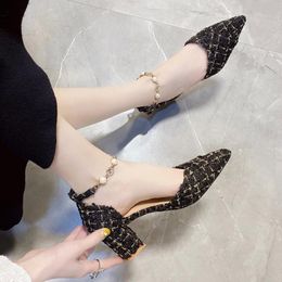 Dress Shoes 2021 Spring Women Costume Tweed Ankle Strap Sandals High Heels Pearls Pumps Pointed Toe Gold Lattice Sandalias 9005N