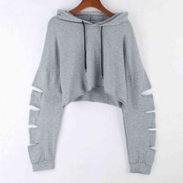 Fashion Oversized Hoodie Women's Hoodies Cotton Hooded Girl Cropped Pullover Hollow Hole Casual Sweatshirt Sweat Jacket Clothing Y1118