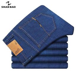 SHAN BAO Lightweight Straight Slim Jeans Summer Classic Style Business Casual Men's Brand Thin soft Stretch Denim 210716