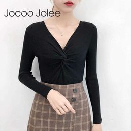 Jocoo Jolee Women Casual Solid Twisted V Neck Knitted Sweater Korean Harajuku Off Shoulder Slim Pullover Casual Jumper Tops 210619