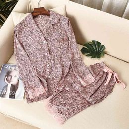 Lisacmvpnel Leopard Print Women Pyjama Set Ice Silk Soft Touch Long Sleeve Suit Pyjamas 210809