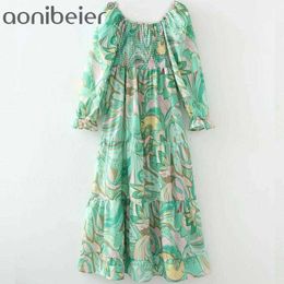 Green Printed Summer Puff Sleeve Shirred Top High Waist Casual Skater Dress Square Collar Women Tiered Midi 210604