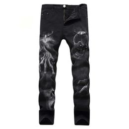 Denim trousers fashion skinny jeans men plus size 28-42 long pants for stretch torn design print large size brand hip hop X0621