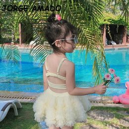 Summer Kids Girls Swimwear Candy Color Sling Tutu Swimsuit Children Cute Style Spring Clothes E2539 210610