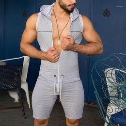 Men Casual Solid Color Sleeveless Leisure Sports Jumpsuit Pockets Short Pants Hooded Romper Men's