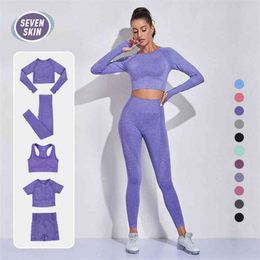 SEVEN SKIN 2/3/5PCS Seamless Women Yoga Set Gym Fitness Sportswear Long Sleeve Crop Top Clothing High Waist Leggings Sport Suits 210802