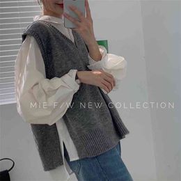 Designer Style Side Slit Soft Waxy Thick Large V-neck Loose Sleeveless Knitted Sweater Vest Women 210529