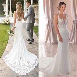 2021 Sexy Backless Beach Wedding Dresses Bohemian Boho Bridal Gowns Appliques Lace Long Train Plus Size Spaghetti Straps Wedding Dress