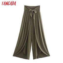 Tangada Women Green Wide Leg Loose Pants Trousers Bow Vintage Style Lady Pants Pantalon 4N17 210609