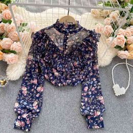 Women Chiffon Blouse Vintage Floral Print Long Sleeve Shirt Elegant Ladies Stand Collar Puff Loose Ruffles Tops 210603