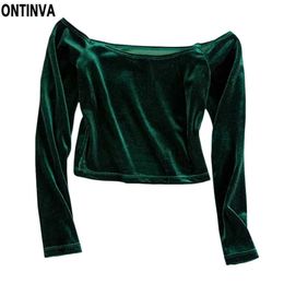 Summer Women Sexy Off the Shoulder Velvet Tops Tee Shirts Green Black Colour Girls Velour Slim Elastic T-shirt Clothing 210527