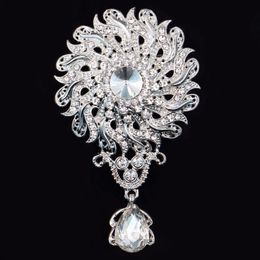 Pins, Brooches DIEZI Luxury White Crystal Water Drop For Wedding Women Party Dress Silver Color Rhinestone Bridal Bouquet Brooch Pins