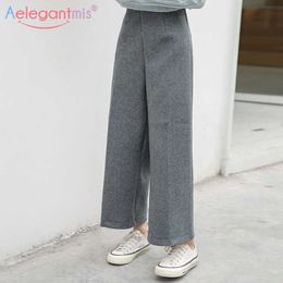 Aelegantmis High Waist Woollen Wide Leg Pants Women Loose Straight Ankle Length Casual Solid Trousers Female Korean chic 210607