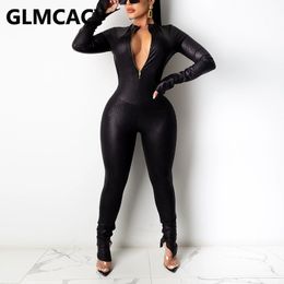 Women Long Sleeve Zipper Front Open Back Jumpsuit Slim Party Clubwear Overalls 210702