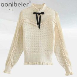 Spring Autumn Fashion Splicing Long Sleeve Tie Sweater Women Pullover Ruffle Vintage Knitted Patchwork Tops Cut Lady 210604