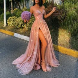 Off The Shoulder Evening Dresses Puff Sleeves Appliques Beaded Tulle Split Light Sky Blue Party Gowns Lavender formal Prom Dresses on Sale