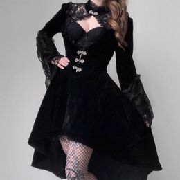 Black Vintage Gothic Halloween Dresses Mesh Autumn 2019 Winter Pleated Female Dress Hollow Out Aesthetic Elegant Chic C0304