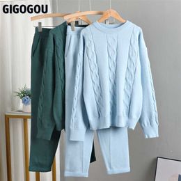 GIGOGOU Autumn Winter Women 2 Piece Pants Sets Oversized Women Crop Top Cable Twist Sweaters Cashmere Sport Knitted Tracksuits 211007