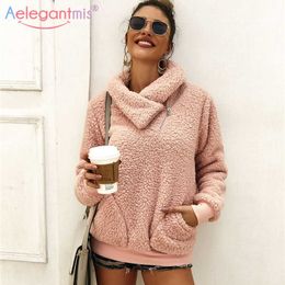 Aelegantmis Chic Women Faux Fur Coat Oversized Pullover Sweater Fluffy Streetwear Autumn Winter Warm Plush Teddy 210607