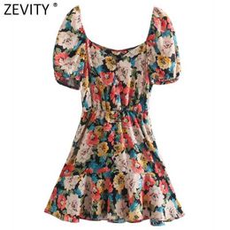 Zevity Women Elegant V Neck Floral Print Casual Shirtdress Female Puff Sleeve Summer Vestido Chic A Line Mini Dresses DS8248 210603