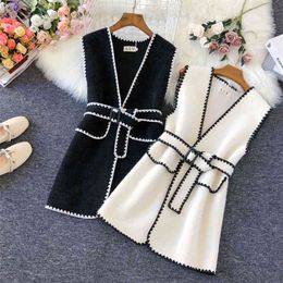 Korean Mid-length Wool Vest Jacket Women Elegant With Sashes Cardigan Waistcoat Vintage Sweater Knit Outwear Chalecos Para Mujer 210909