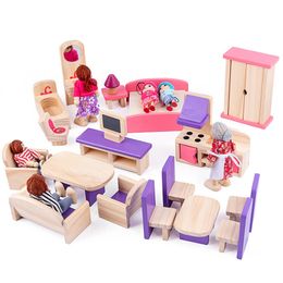 Miniature Furniture Play House Toy For Dolls Wooden Dollhouse Furniture Set Educational Pretend Play Toys Kids Girls Gifts 210312