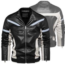 Men's Fashion Leather Jacket Night Reflective Strip Motorcycle Biker Jacket Warm Patchwork Winter Coat with Zipper Pocket 211009