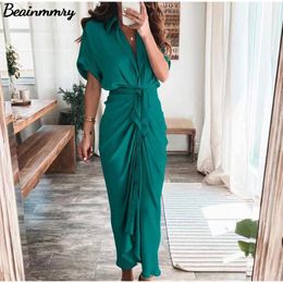 Vestidos casuais femininos verão elegante botão bandagem ruched camisa vestido moda manga curta decote em v sólido praia maxi