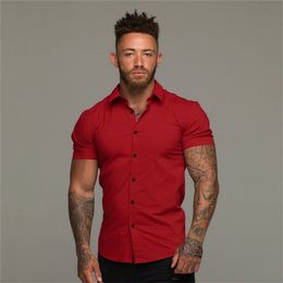 Summer Fashion Short Sleeve Shirt Men Solid Super Slim Fit Male Social Business Dress Brand Gym Fitness Sport Clothing 210626