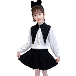 Children Clothes Patchwork Blouse + Skirt Girl Spring Autumn Outfit For Girls Casual Style Children's School Set 210527