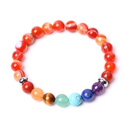 7 Chakra 8mm Red Agate Stone Beaded Strand Bracelet Round Beads Bracelets Healing Energy Yoga Bracelet for Men Women Jewelry Gifts