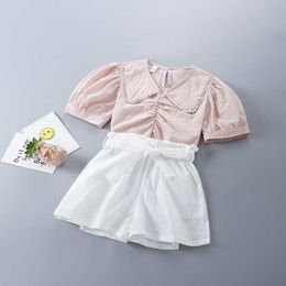 2-7 Years High Quality Spring Girl Clothing Set Fashion White Solid Shirt +Short Pant Kid Children Girls Clothes 210615