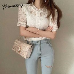 Yitimuceng Lace Blouse Women Patchwork Floral Shirts Short Sleeve Unicolor White Apricot Summer Fashion Office Lady Tops 210601