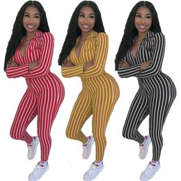 Fall winter Women long sleeve Jumpsuits plus size 2XL striped jumpers suit zipper front Rompers Casual Overalls sexy skinny bodysuits fashion leggings 5903