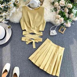 Summer Sweet Two Piece Sets Women Sexy Bandage Crop Tops + Mini Pleated Skirt Outift Woman Fashion 2 Pcs Set Clothing 210525