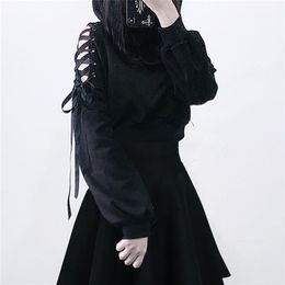 Rosetic Gothic Streetwear Black Hoodie Women Cat Ear Hooded Sweatshirt Goth Cool Hollow Ripped Hoodies Short Tops Spring LJ201103