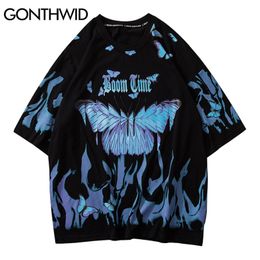 GONTHWID Butterfly Fire Flame Print Tees Shirts Streetwear Hip Hop Casual Short Sleeve Tshirts Men Harajuku Hipster Fashion Tops 210317