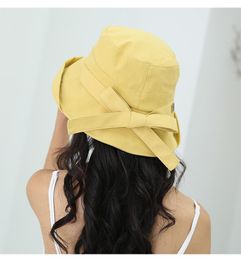 Big Bow Colourful Bucket Hat Cotton Solid Colour Women Casual Sunhat