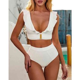 Ruffle Bikini Set High Waist Swimsuit Women Push Up Swimwear Female White Bathing Suits Summer Beach Wear Swimming Suit 210629