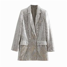 Women Geometric Pattern Sequined Blazer Feminino Shining Pockets Long Sleeve Outerwear Vintage Female Casual Tops 210930