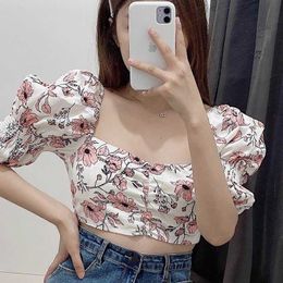 Women Summer Top Floral Blouse Fashion Short Puff Sleeve Square Neck Modern Lady Crop Top 210602