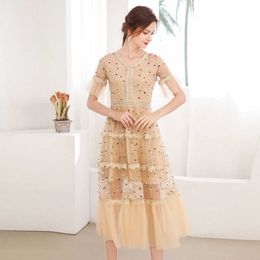 Summer Polka Dot Embroidery Mesh Dress Women Lace Trim Midi Casual Short Sleeve Ladies Office Elegant 210529