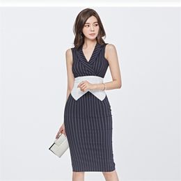 office dress for women Summer stripe korea sleeveless notched neck linen Sexy OL ladies formal Midi Dresses 210602