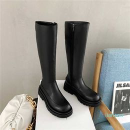 Women Knee High Riding Boots Platform Flat Shoes Fashion Round Toe Zipper Ladies Long Autumn Winter 34-43 Beige