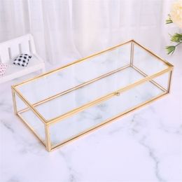 Golden Vintage Glass Lidded Box Edge Bracelet Keepsake Decorative Jewellery Display Personalised Large Clear Rectangle Box Rings B 210315