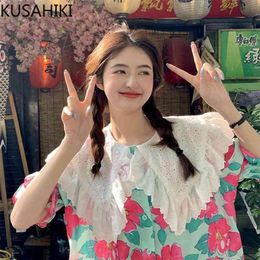 Summer Floral Blouse Tops Korean Sweet Lace Ruffle Peter Pan Collar Blusas Femme Short Sleeve Shirts 6J157 210603