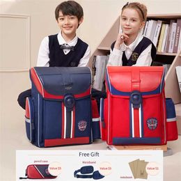 Navy Red Magnetic Buckle Students School Bags 2-5 Grade Boys Girls Children Orthopaedic Backpack For 7-11 Years Old Kids Mochila 211025