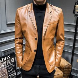 Autumn Faux Leather Suit Jackets Men Solid Motorcycle Long Sleeve Blazer Coats Fashion Casual Slim Business PU Outwear Male 6XL 211111