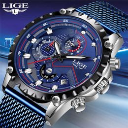 LIGE Blue Casual Clock Mesh Belt Fashion Quartz Wristwatches Waterproof Mens Watches Top Brand Luxury Relogio Masculino 210527