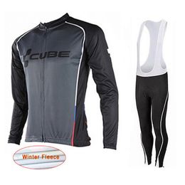 CUBE team mens mtb cycling Winter Thermal Fleece long sleeve jersey bib pants sets ropa ciclismo hombre Warmer bike Outfits Y21031311